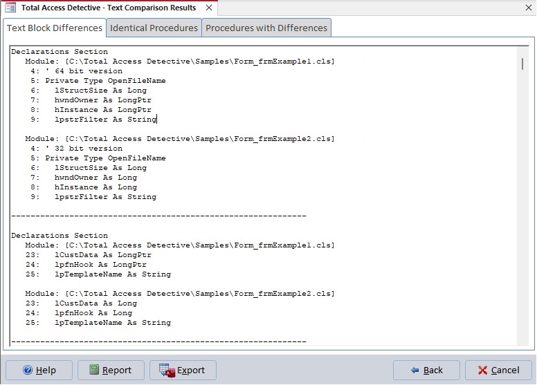 Microsoft Access Module, VB6 or Text Differences are Displayed with Options to Print or Export